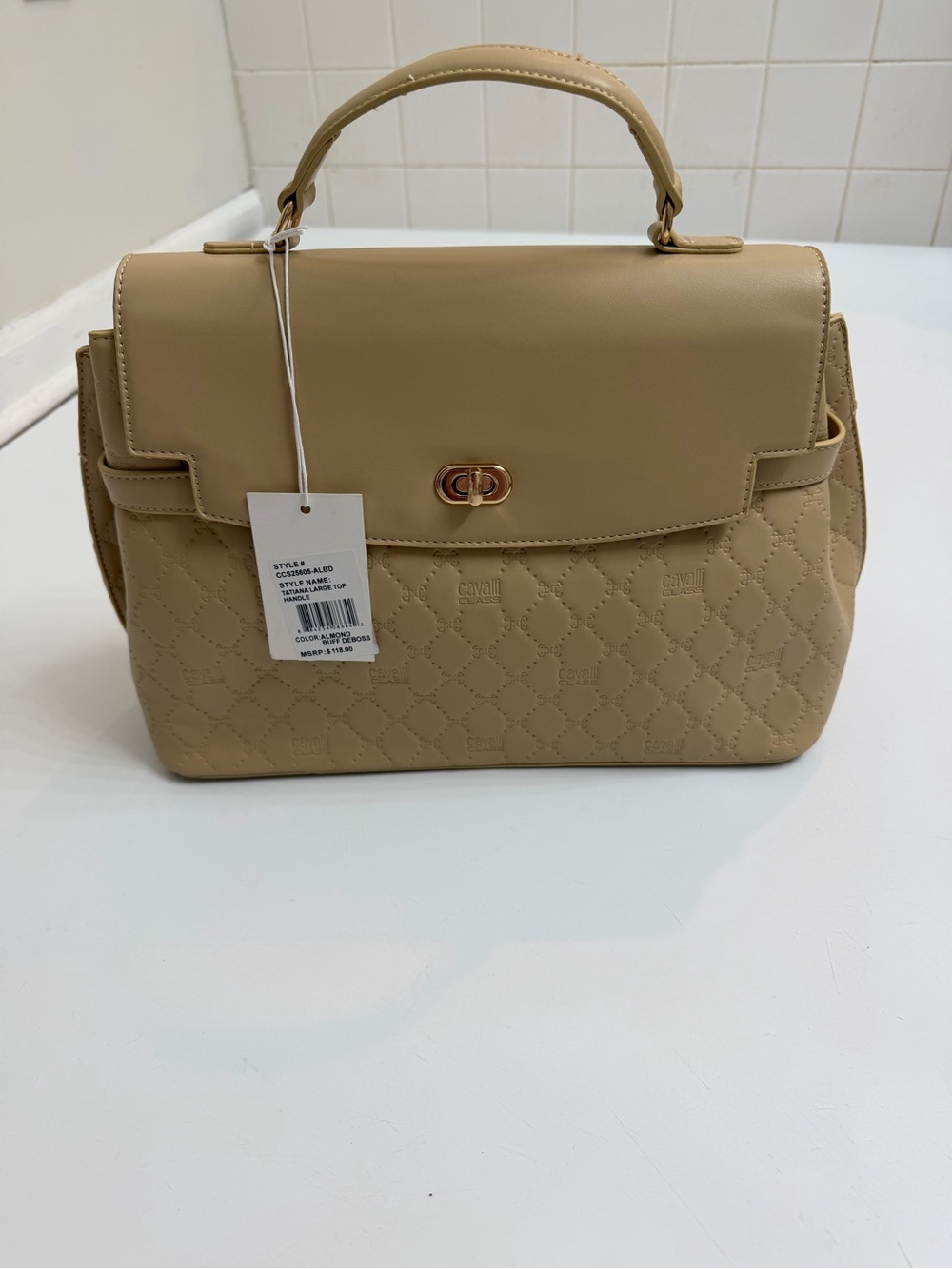 Cavalli‎ Class Tatiana Quilted Top Handle Bag Almond NWT Strap + Dust Bag